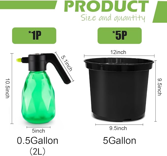 RooTrimmer 5-Gallon Nursery Pots 5P with 0.5 Gallon/2L Electric Spray Bottle, Plant Containers with Drainage Holes, Round Sturdy Garden Planters for Indoor/Outdoor Greenery