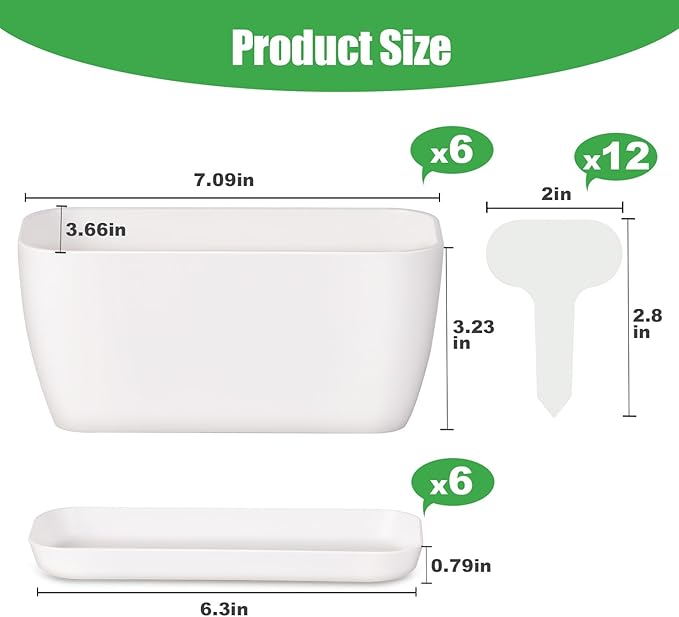Oliz 6 Set Window Herb Planter Box Rectangular, White Plastic Planters with Multiple Drainage Holes and Trays,Indoor Succulent Cactus Mint Flower Pot for Windowsill, Garden Balcony