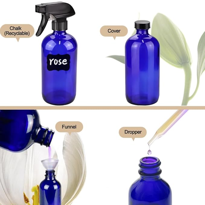 Loretoy Glass Spray Bottle Kit×10 (2×16 oz, 2×4 oz, 6×2 oz), 9×10 ml Roller Bottles, Anti UV, Multi Size and Versatile, Suitable for Aromatherapy, Facial Moisturizing, Watering, etc.(Blue