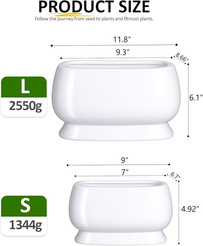 OXART Ceramic Plant pots Indoor Pots Set with Drainage Holes, 11.8+9 inch Flower Pot Rectangle Planters Pots for Plants for Plants Lilies, Cacti, Succulents, and Pothos, No Trays (White-3)