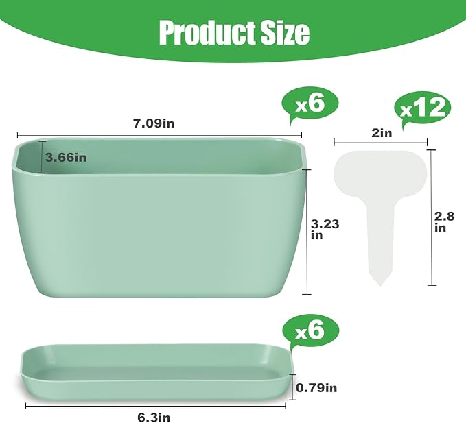 Oliz 6 Set Window Herb Planter Box Rectangular, Green Plastic Planters with Multiple Drainage Holes and Trays,Indoor Succulent Cactus Mint Flower Pot for Windowsill, Garden Balcony