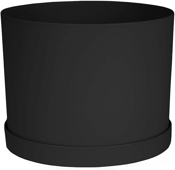 Bloem Mathers 8" Black Round Modern Resin Garden Planter Pot with Drainage Holes and Removable Saucer Tray Included