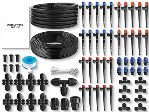Fast-Lock Drip Irrigation System Kit for Garden Watering with 40 Adjustable Nozzles, Leak-Proof & Easy-Connect Irrigation Kit with 1/2" & 1/4" Tubing, for Greenhouse, Lawn, Indoor Pots (40FT + 197FT)