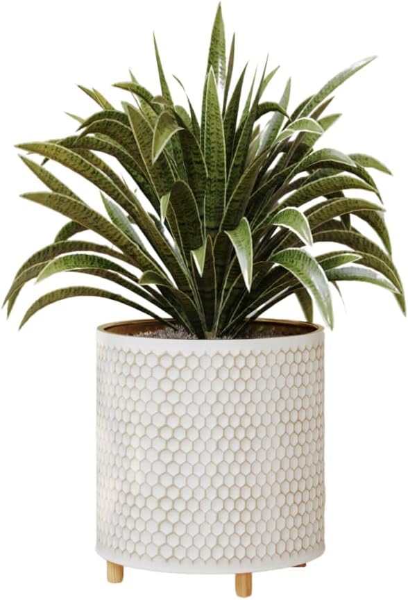EverNest Honeycomb Gold and White Planter with Wooden Peg Leg Stand, 12-Inch Plant Pot, SelectBase, Mid-Century Modern, Indoor Home Decor Planters (Large, 3 Gallon)