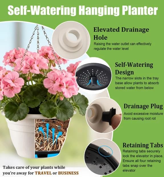 RooTrimmer Hanging Planters 10 Inch, 4 Pcs Flower Pots with Drainage Hole, Self Watering Hanging Basket for Indoor Outdoor Plants, Decor, White
