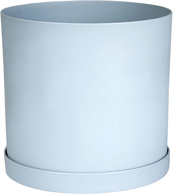 Bloem Mathers 12" Misty Blue Round Modern Resin Garden Planter Pot with Drainage Holes and Removable Saucer Tray Included