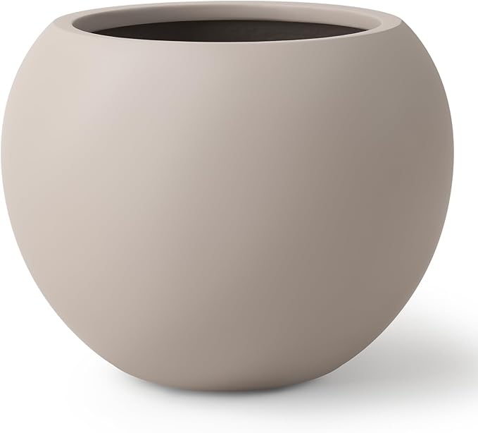 KUTE NEST 9.7" H x 12" D Premium Globo Fiberstone Round Planter with Drainage Hole, Smooth Finishes, Weather Resistant for Indoor and Outdoor Use, Included 2 Extra Coco Mats (Taupe, 7.8" Pot Opening)