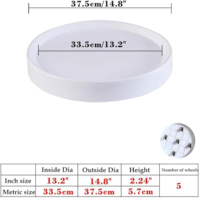 2Pack Plant Caddy with Hidden Wheels, 14.8 Inch Round Plant Stand, White Mobile Tray for Large Flower Pots, Air Purifiers & Indoor Outdoor Use