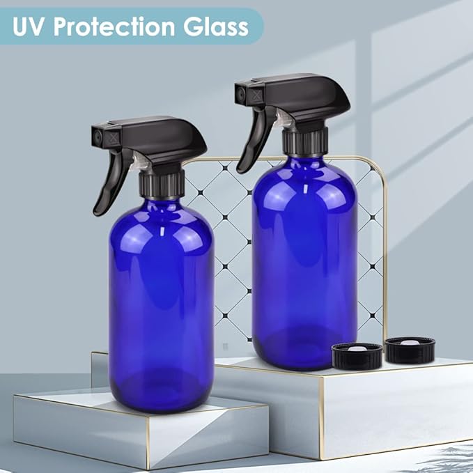 Bontip Glass Spray Bottle, Blue Glass Spray Bottle Set & Accessories Refillable for Plants Window Cleaners Aromatherapy Facial Hydration Watering Flowers Hair Care (2 Pack/16 oz) (Blue)