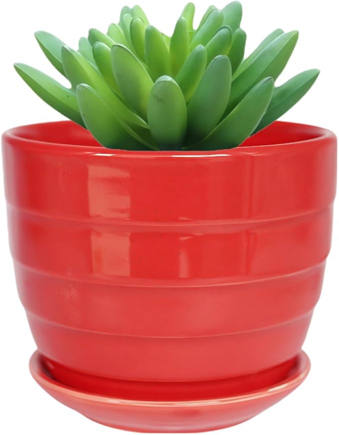 Cute Circular Ceramic Home Garden Decoration Succulent Cactus Flower Pots Container -Plant Not Included (Red, 4.13 Inch)
