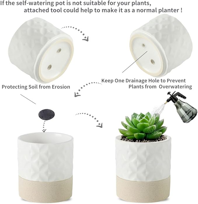 Nihow Self Watering Plant Pot for Indoor Plants: 6 Inch Ceramic Planter with Drainage Hole & Water Storage Plus - Cylinder Flower Pot with Wick for Herbs - Matte White & Brown Star