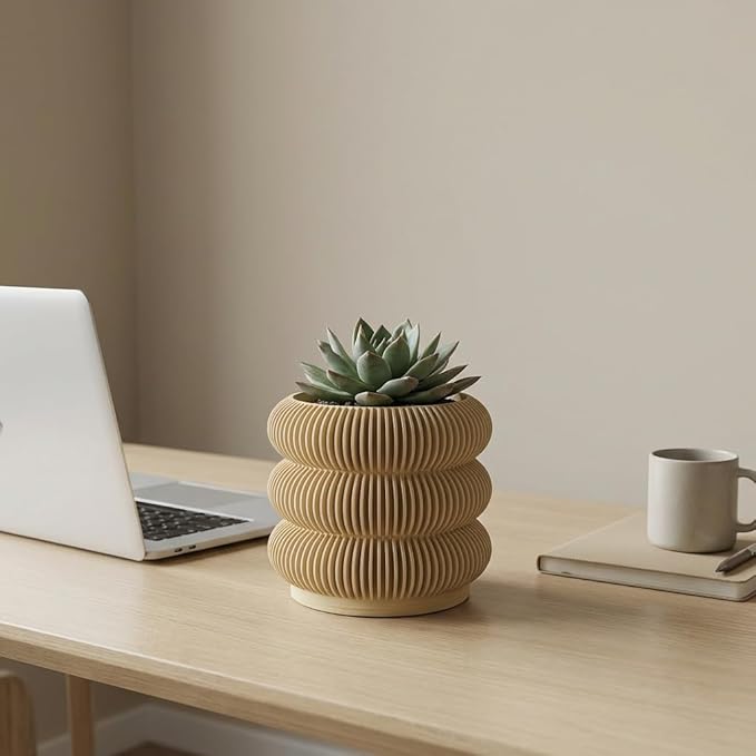 Modern 3D Printed Planter Pot, Minimalist Ripple Design, Lightweight PLA Material, Round Shape with Drainage and Saucer, for Succulents and Indoor Plants (Wood, 4.7")