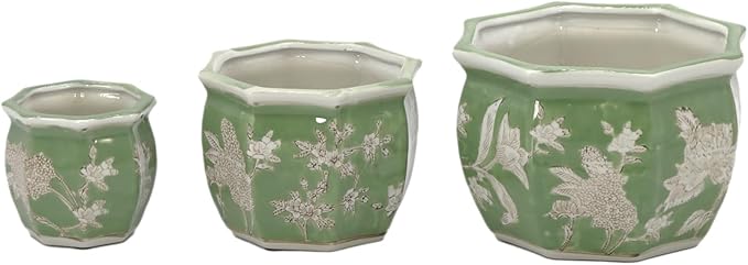 Galt International Green & White Floral Porcelain Ceramic Decorative Flower Pot 8"/6"/4.5" Garden Pots Chinese Asian Design - Set of 3 Green Fluted