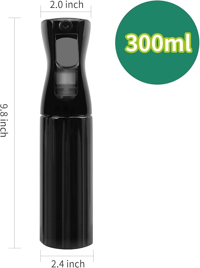 Spray Bottle for Hair (10.1oz/300ml) - 2 Seconds of Mist - Empty Ultra Fine Plastic Water Sprayer, For Hairstyling, Cleaning, Salons, Plants, Essential Oil Scents & More - Black，Press it 3 times