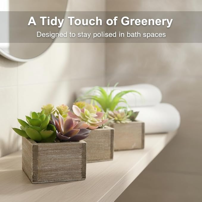 Mingfuxin Artificial Succulents Indoor, Set of 3 Mini Potted Greenery in Rustic Wood Planters, Tabletop Accent for Office, Bathroom Shelf, No Watering