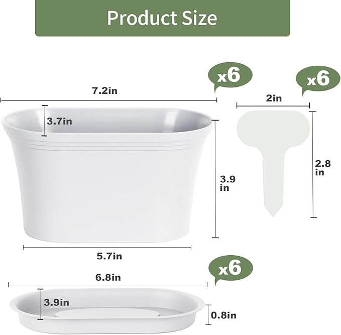 Oliz Windowsill Garden Pots, White Plastic Flower Pots with Drainage Tray for Herb, Succulents, African Violet (Pack of 6)