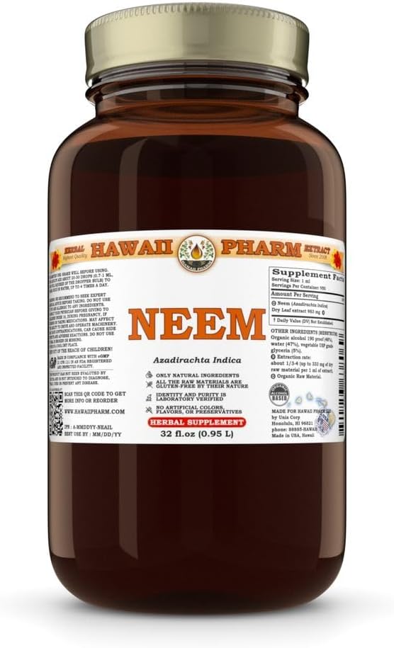Hawaii Pharm Neem (Azadirachta Indica) Liquid Extract, Tincture, Herbal Supplement, Made in USA, 32 fl.oz