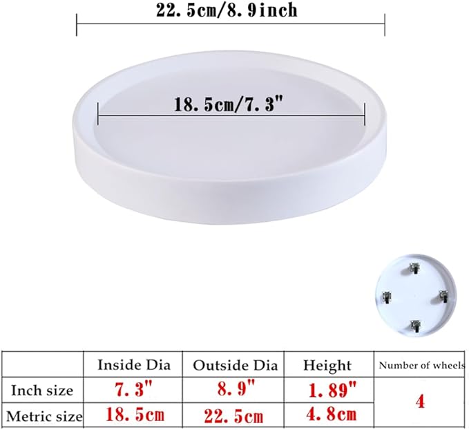 8.9 Inch Plant Caddy with Hidden Wheels 2-Pack, White Rolling Plant Stand for Succulents and Indoor Plants, Mobile Tray to Protect Floors(8.9inch)
