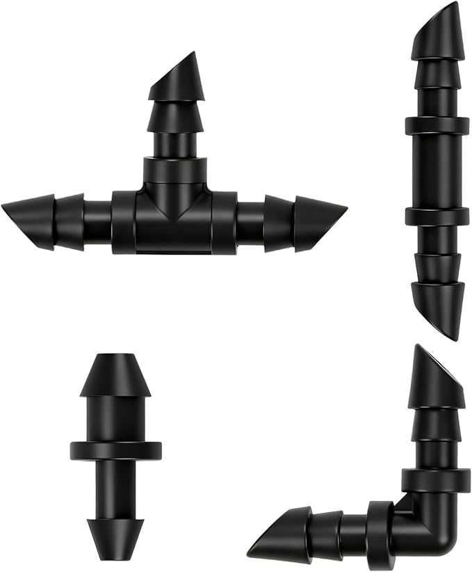 RedChili 160 Pack Drip Irrigation 1/4" Barbed Fittings Kit, Drip System Parts Double Barbed Connectors Includes Couplings Tees Elbows Plugs Fits 1/4-Inch Drip Tubing for Drip Line Connection