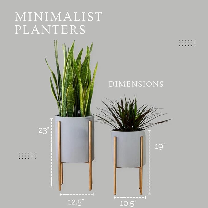 Aspire Mid-Century Modern Planter Set of 2, Gray Indoor Plant Pots with Golden Metal Stand, Home Decor Planters for Plants, Hallway, Bedroom, Living Room