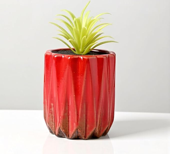 Cute Circular Ceramic Home Garden Decoration Succulent Cactus Flower Pots Container -Plant Not Included (Red, 3.19 Inch)