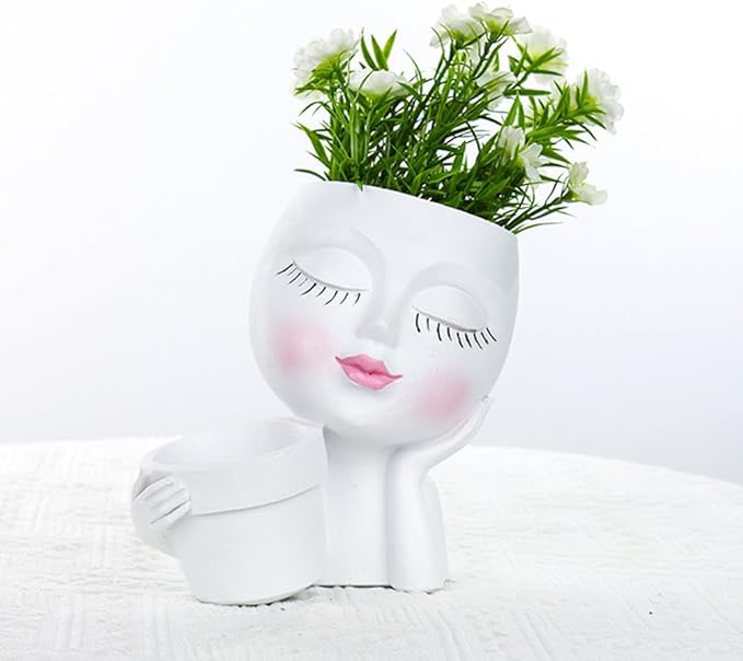 Lady Face Resin Planter Pot - Dual Planting Spaces & Drainage Holes, Indoor/Outdoor Decor for Succulents/Cactus - Unique Gift for Plant Lovers (White)