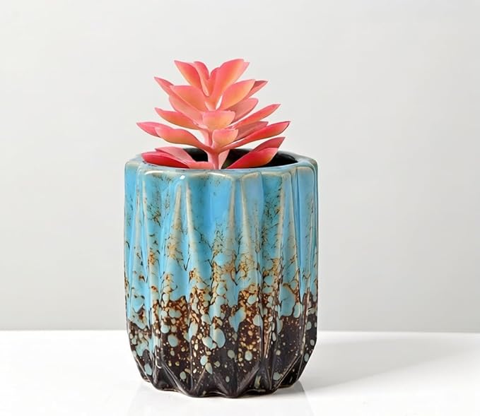 Cute Circular Ceramic Home Garden Decoration Succulent Cactus Flower Pots Container -Plant Not Included (Blue, 3.19 Inch)