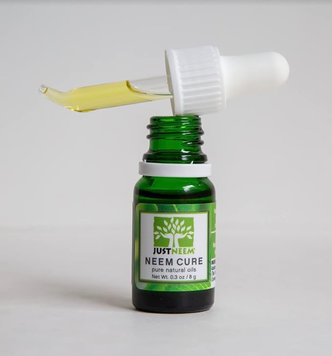 justneem Neem Cure Oil - Natural - Best on Acne, Psoriasis, Eczema, Rosacea, Cold Sores, Toe Nails, Bug and Spider Bites and Other Skin Irritations. with Dropper Cap Applicator. - 0.3 oz