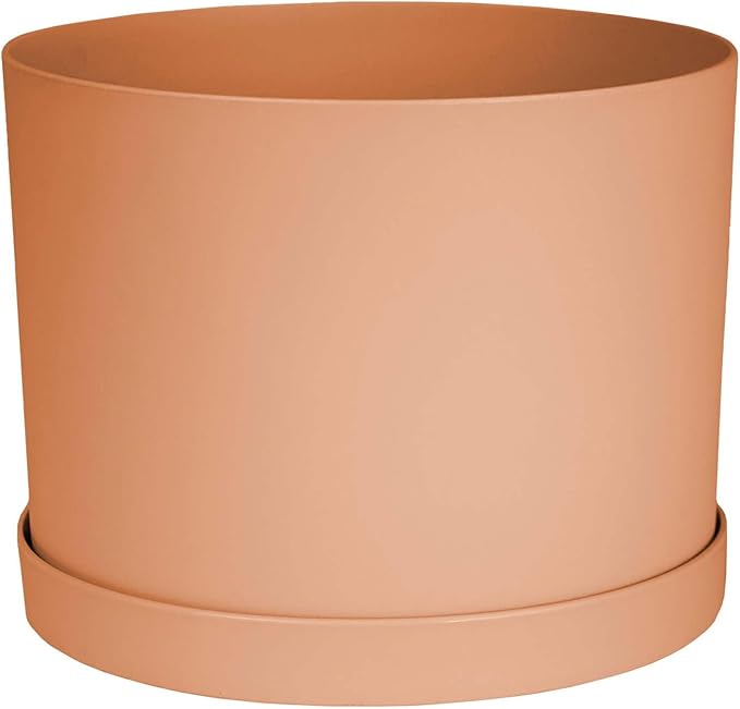 Bloem Mathers 8" Muted Terra Cotta Round Modern Resin Garden Planter Pot with Drainage Holes and Removable Saucer Tray Included