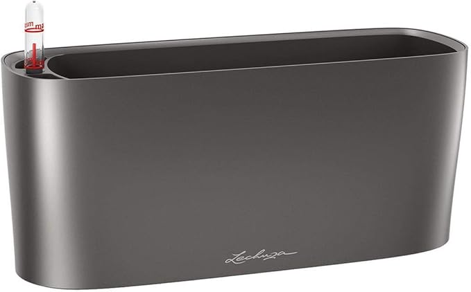 Lechuza Delta 20 Charcoal Metallic, Self-Watering Planter Indoor, H7.1 L15.7 W5.9 in