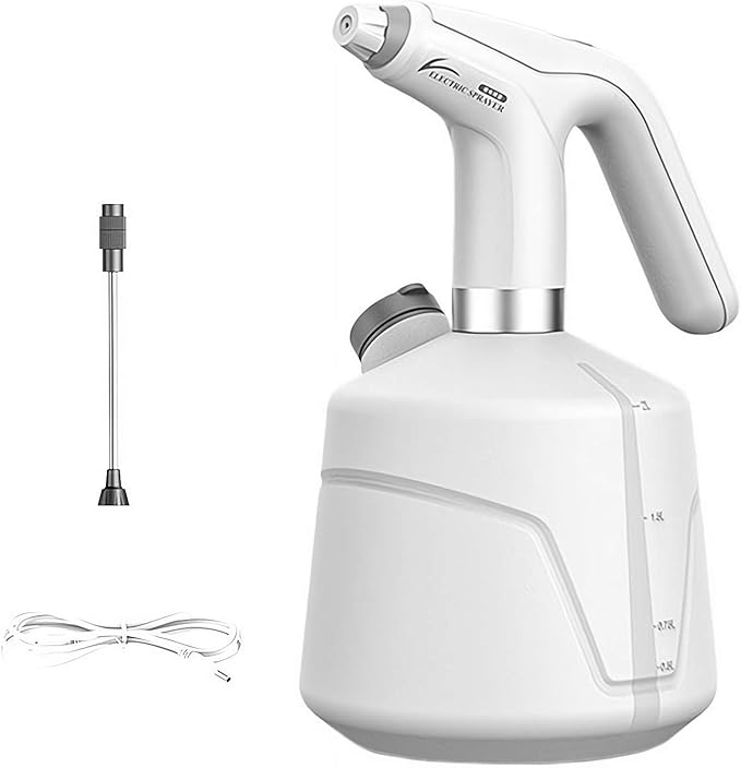 Electric Spray Bottle 2L, 1300mAh Rechargeable Battery Powered Sprayer Watering Can With Adjustable Spout &Extended Nozzle for Outdoor Gardening, Plants & Flowers,Car/window Clean, Fertilizing (White)