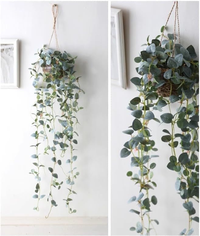 Artificial Plastic Plant Vine Small Hanging Basket Ornament for Indoor Walls, Shelves, Cabinets, Kitchens, Studies, Desks, Living Rooms 3.5-Inch Basket (Leaf A)