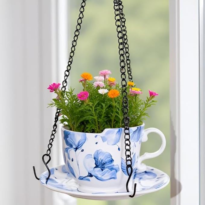 TEATALK Hanging Planters for Indoor Plants, Ceramic Pots with Drainage Hole, 6.3 Inch Hanging Planter with Chain, Outdoor Hanging Baskets for Plants, Blue Flowers, Cup Shape