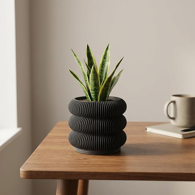 Fabix 4.7" 3D Printed Plant Pots - Unique Bubble Ring Modern Planters for Indoor Plants, Durableo-Friendly PLA Flower Pots with Drainage for Succulents, Cactus, Home Office Décor.(Black)