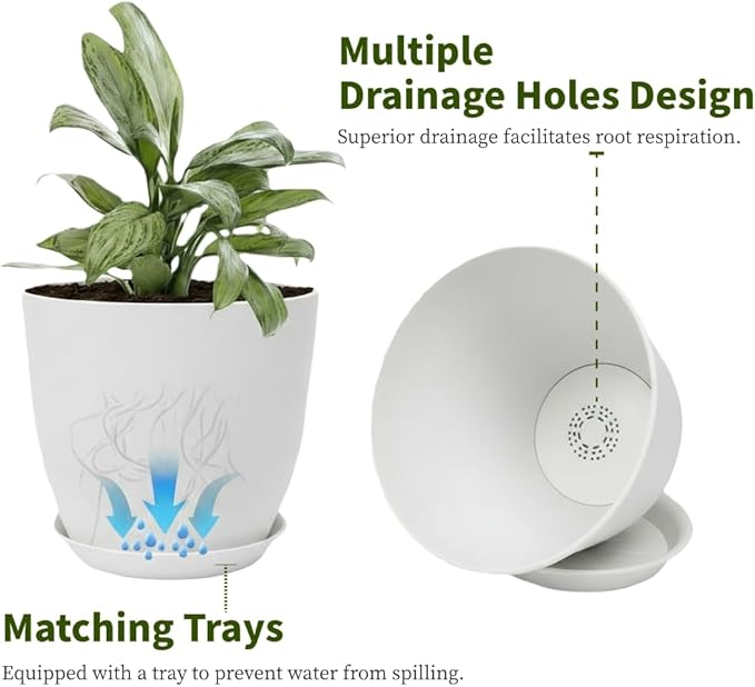 Vanslogreen Plant Pots 8 Inch Set of 6, Flower Pots with Drainage Holes and Saucer, Plastic Garden Planters for Indoor & Outdoor Plants (White)