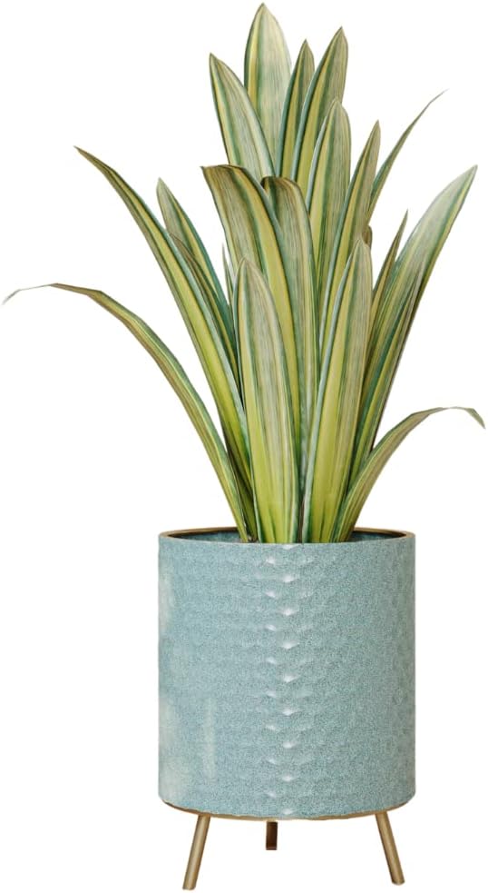 EverNest Mid-Century Modern Rhys Honeycomb Embossed Planter Pot with Nyra Gold Stand, Metal Indoor Plant Pots, Blue Green Bohemian Style (Small 1 Gallon)