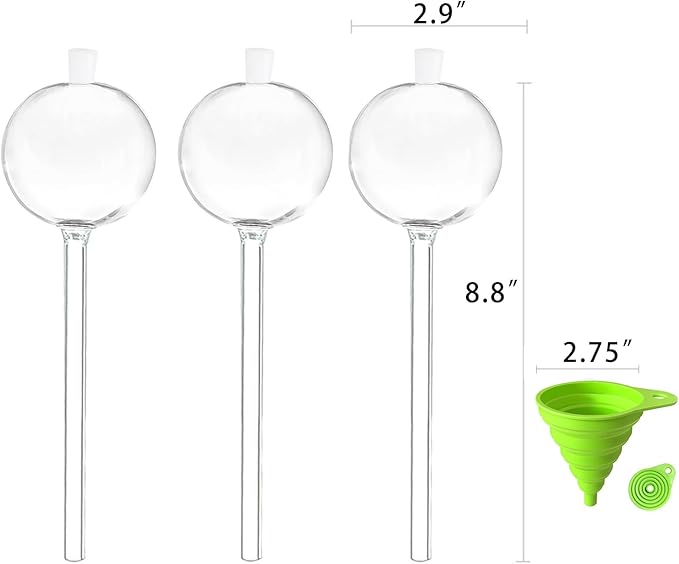 3 PCS Top-Fill Self Watering Globes, Automatic Plant Watering Devices, Transparent Self Watering Planter Insert, Durable Clear Glass Aqua Bulbs for Indoor, Ball Shape, & Funnel