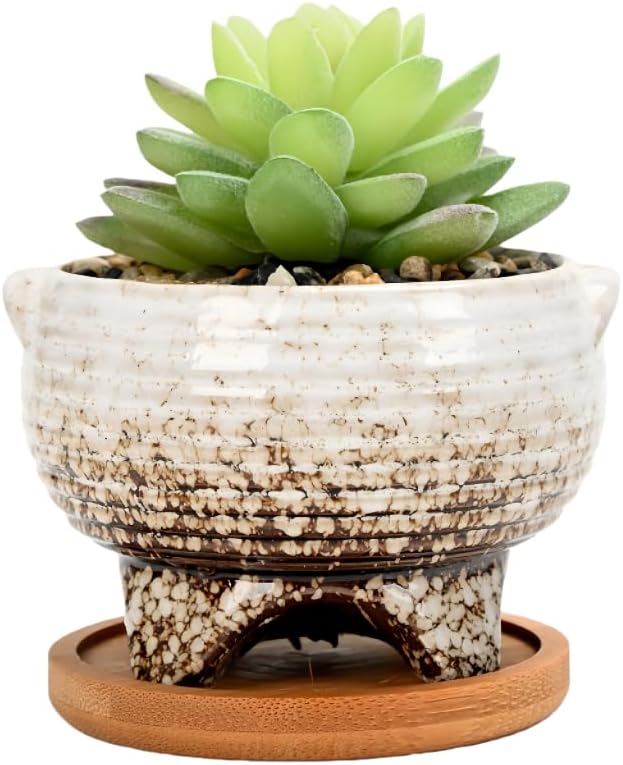 Cute Circular Ceramic Home Garden Decoration Succulent Cactus Flower Pots Container with Bamboo Tray -Plant Not Included (White, 4.02 Inch)
