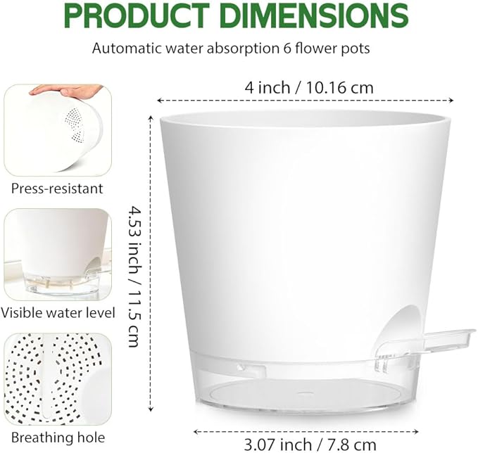 Self Watering Pots for Plants, 2026 New Flower Plant Pots with Drainage Holes, Wicking and Clear Reservoirs for Succulent, Aloe, Cacti and Others - 6 Pack (White, 4")
