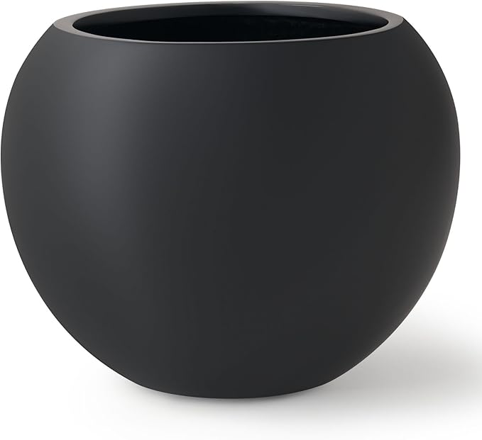 KUTE NEST 12.8"H x 16"D Premium Globo Fiberstone Round Planter with Drainage Hole, Smooth Finishes, Weather Resistant for Indoor and Outdoor Use, Included 2 Extra Coco Mats (Black, 10.7" Pot Opening)