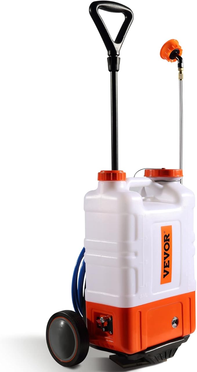 VEVOR 4 Gallon Battery Powered Backpack Sprayer with Wheeled Cart, Adjustable 0-94 PSI, 13FT Hose, 6 Nozzles, 2 Wands Included, Wide Mouth Lid for Weeding, Cleaning, Long Spray Time Without Fatigue