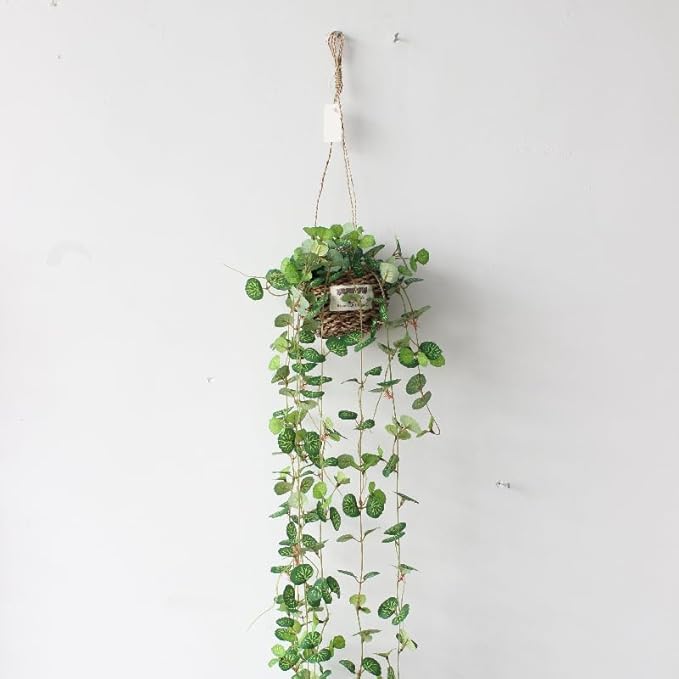 Artificial Plastic Plant Vine Small Hanging Basket Ornament for Indoor Walls, Shelves, Cabinets, Kitchens, Studies, Desks, Living Rooms 3.5-Inch Basket (2pcs Leaf b)