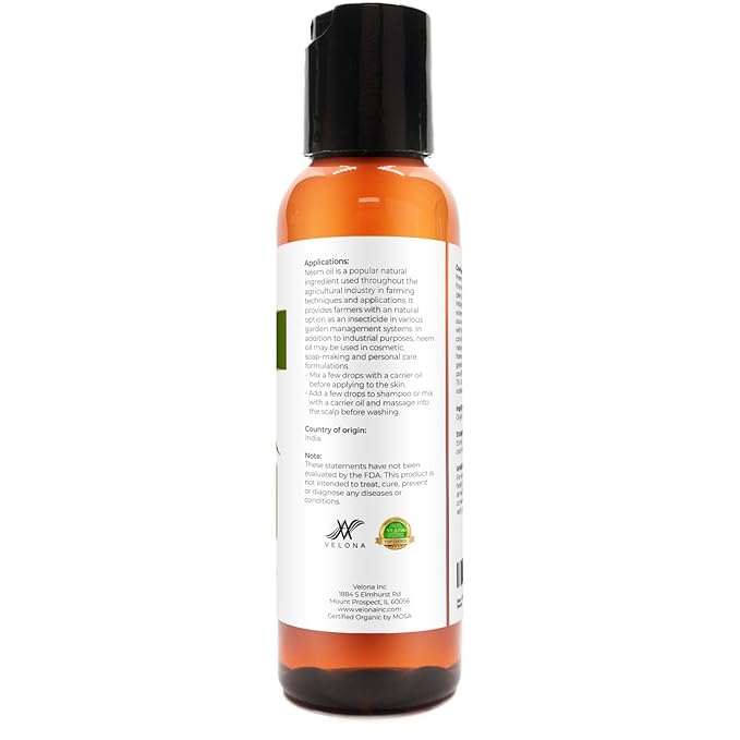 velona Neem Oil USDA Certified Organic - 2 Fl Oz | 100% Pure and Natural Carrier Oil | Virgin, Unrefined, Cold Pressed | Hair, Body and Skin Care | Use Today - Enjoy Results