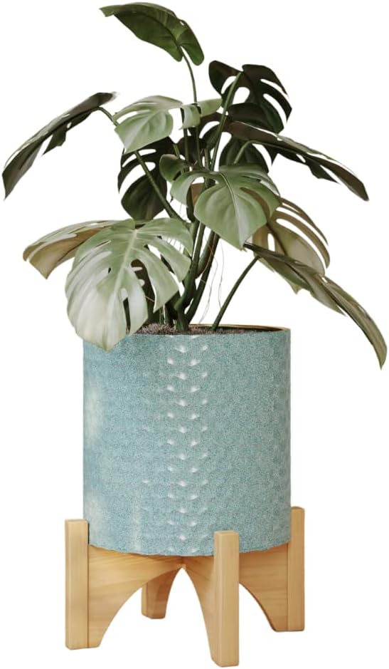 EverNest Mid-Century Modern Rhys Honeycomb Embossed Planter Pot with Arch Wood Stand, Metal Indoor Plant Pots, Blue Green Bohemian Style (Medium 2 Gallon)