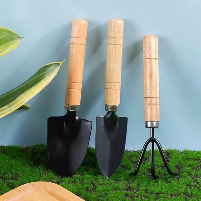 3 PCS Mini Gardening Tool Set, Shovel, Spade, Rake Kit with Ergonomic Wooden Handles, Ideal for Planting, Weeding and Cultivating, Kid Gardening Plant Tool for Cactus Herbs Indoor Miniature Plants