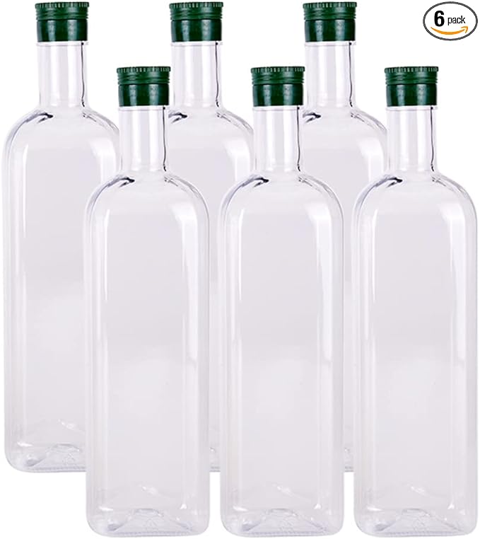 B SEPOR 6 Pack 1000ml Clear Quadra PET Empty Bottles 1 Quart Olive Oil Plastic Bottle with Caps (33.8 Fl Oz) - Long Neck Square Wine Bottles for Plant Watering Globe