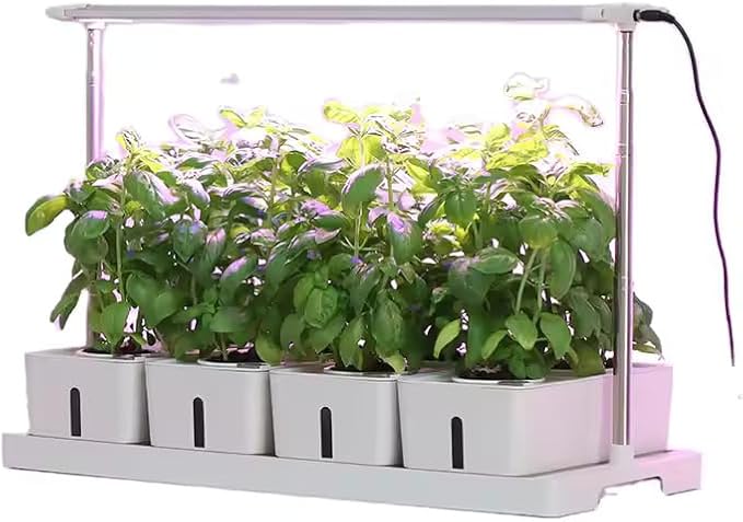 Grow24 Indoor Herb Garden Kit, LED Grow Light, 4 Hydroponic Planter Pots, White
