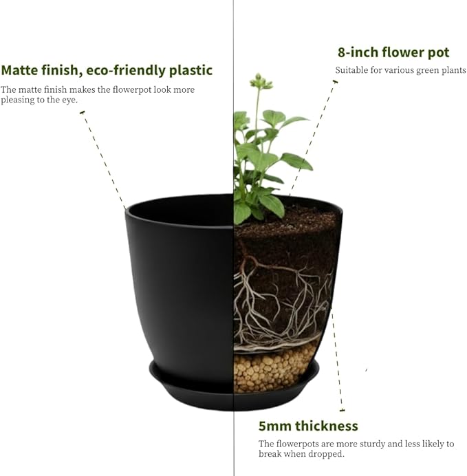 Vanslogreen Plant Pots 8 Inch Set of 6, Flower Pots with Drainage Holes and Saucer, Plastic Garden Planters for Indoor & Outdoor Plants (Black)