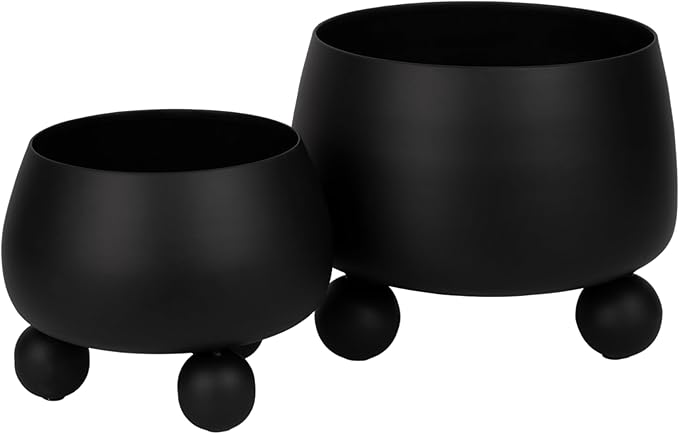 Chic Black Flower Pots and Planters for Indoor Plants Set – Glam Ceramic Planter Set with Modern Design for Home Decor, Orchid Pot, Round Planter, Indoor and Outdoor Planters – 9" & 7", Black