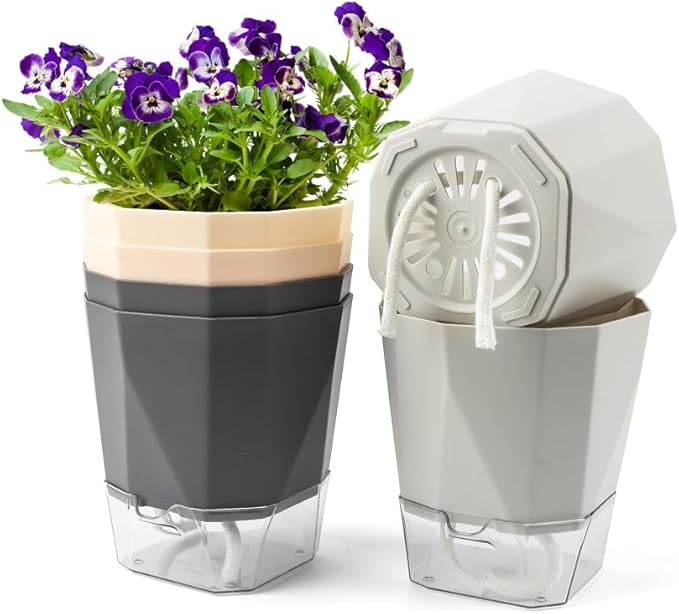 6-Pack Self Watering Planter Pots, 5 Inch Plastic Planters with Drainage Holes, Cotton Rope and Trays, Decorative Flower Pots for Indoor Outdoor Garden Plants (Multicolor)